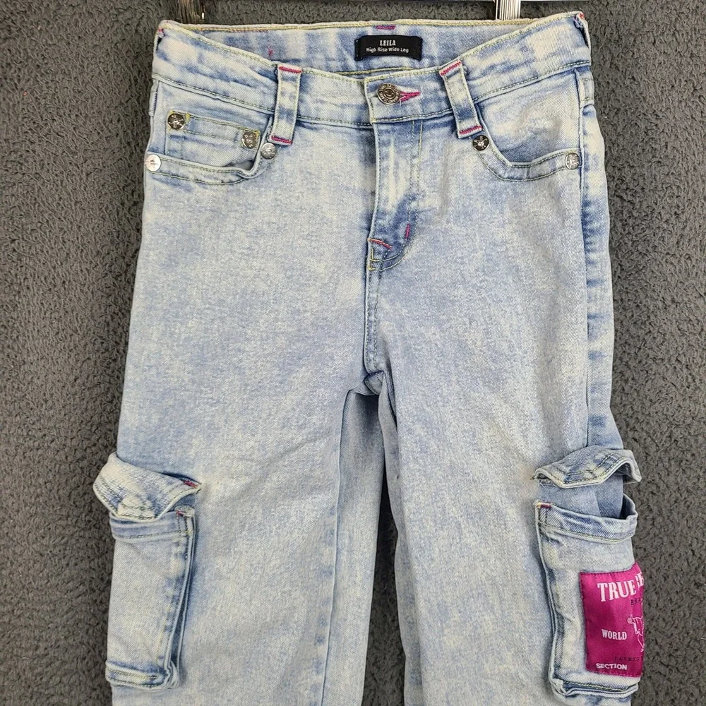 True Religion Leila Girls High Rise Wide Leg Cargo Jeans Light Wash Pink 12